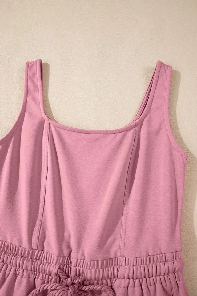Elastic Waist Sleeveless Square Neck Jumpsuit with Drawstring.