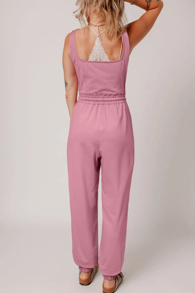 Elastic Waist Sleeveless Square Neck Jumpsuit with Drawstring.