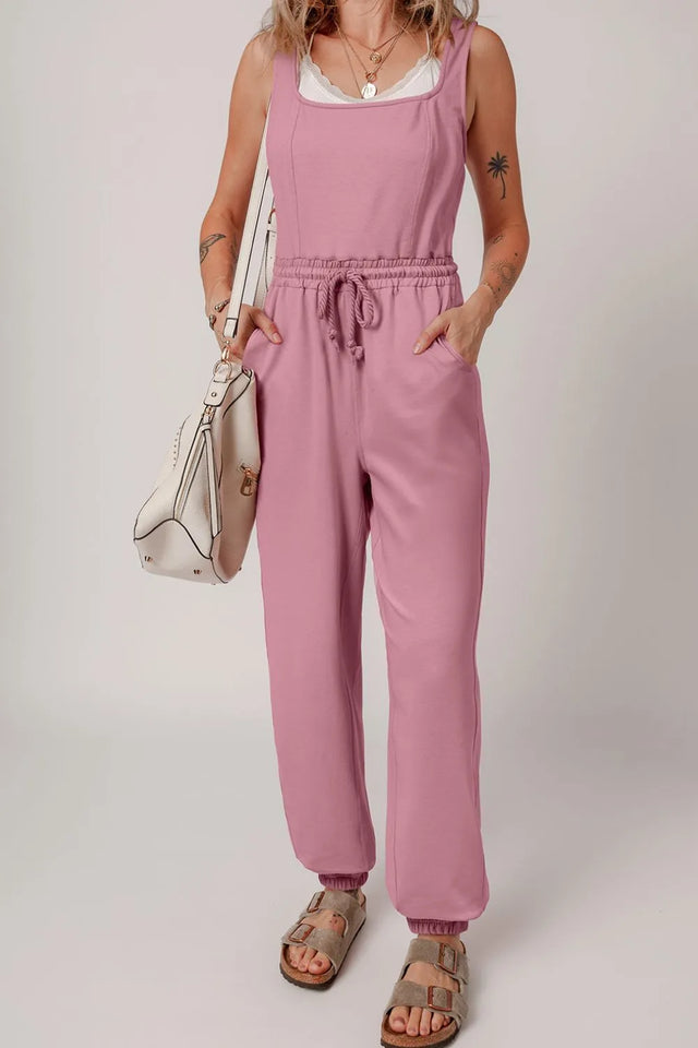 Elastic Waist Sleeveless Square Neck Jumpsuit with Drawstring.