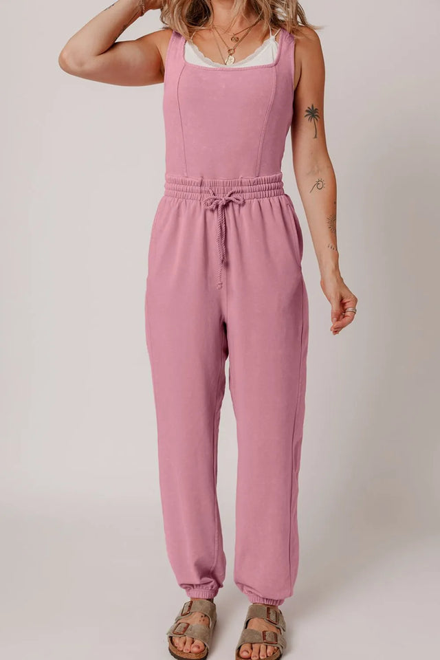 Elastic Waist Sleeveless Square Neck Jumpsuit with Drawstring.