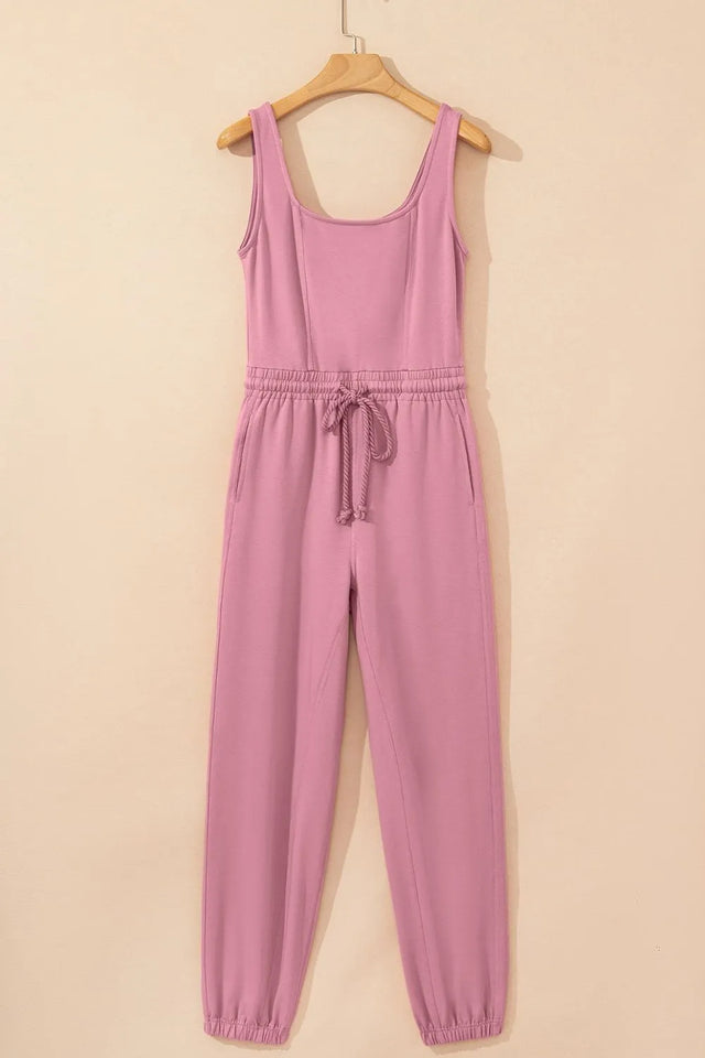 Elastic Waist Sleeveless Square Neck Jumpsuit with Drawstring.