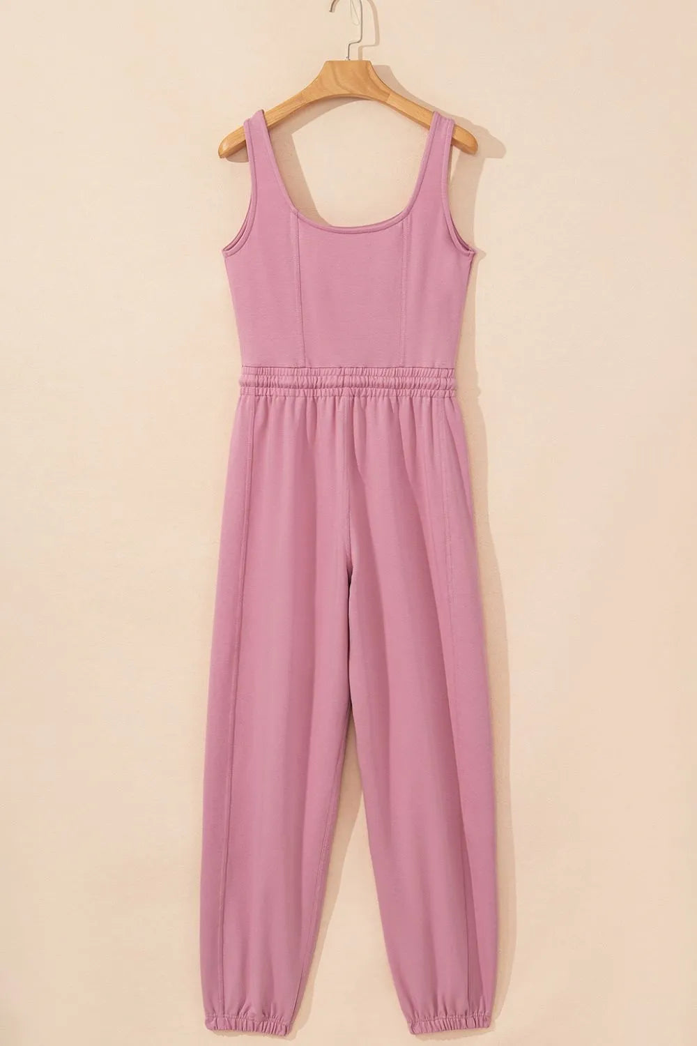 Elastic Waist Sleeveless Square Neck Jumpsuit with Drawstring.
