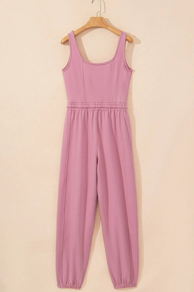 Elastic Waist Sleeveless Square Neck Jumpsuit with Drawstring.