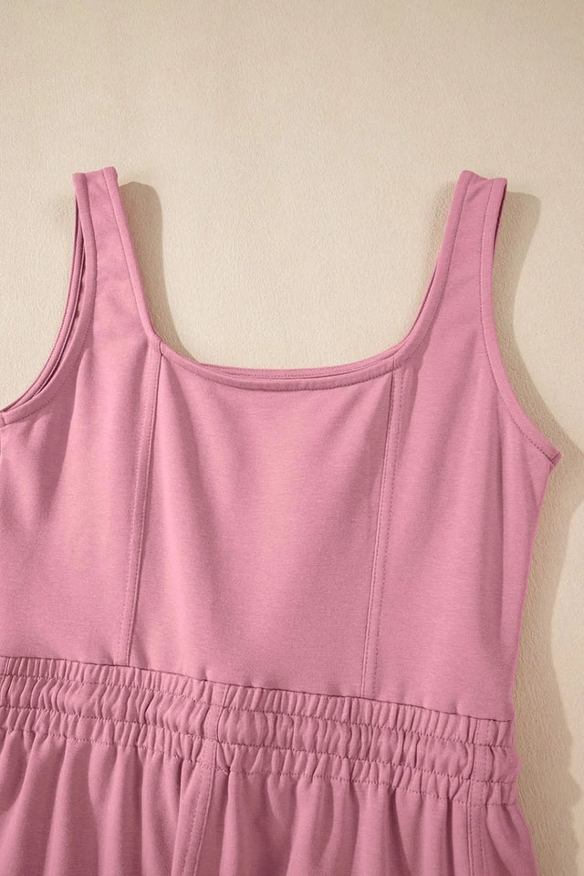 Elastic Waist Sleeveless Square Neck Jumpsuit with Drawstring.
