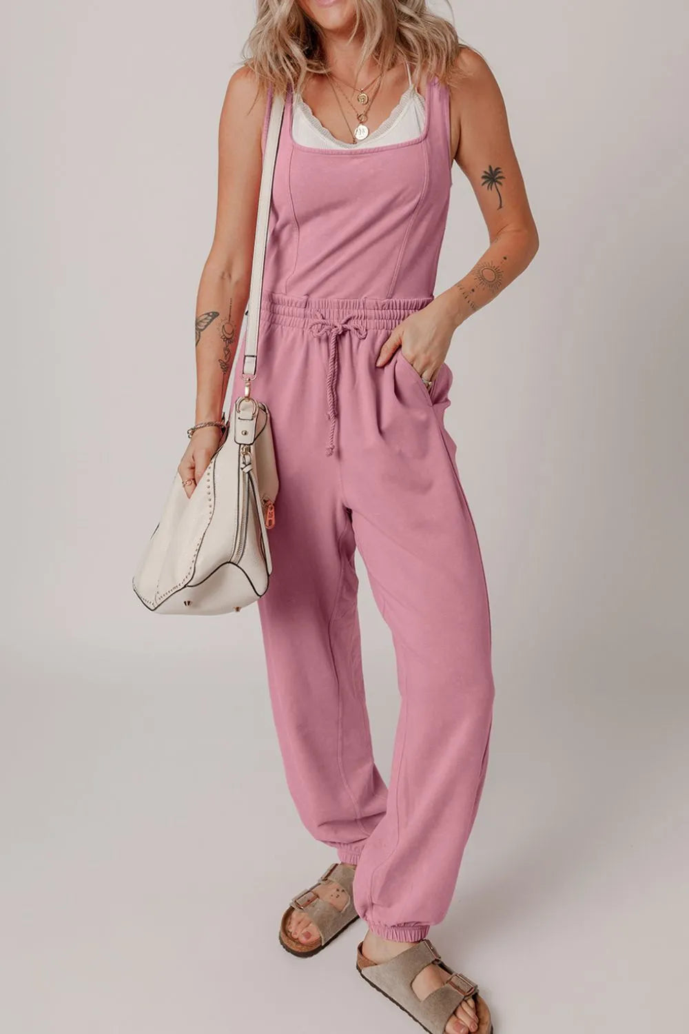 Backless Drawstring Waist Jumpsuit with Pockets.