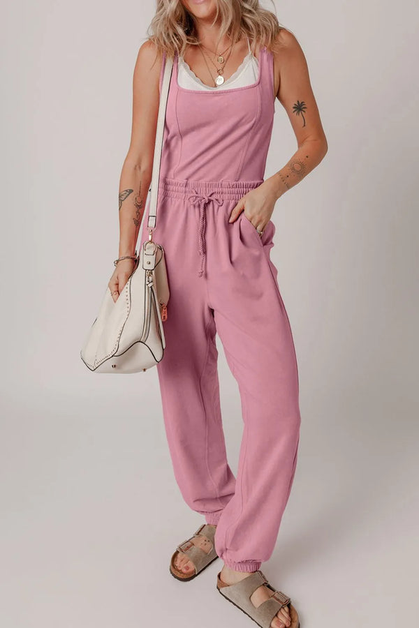 Backless Drawstring Waist Jumpsuit with Pockets.