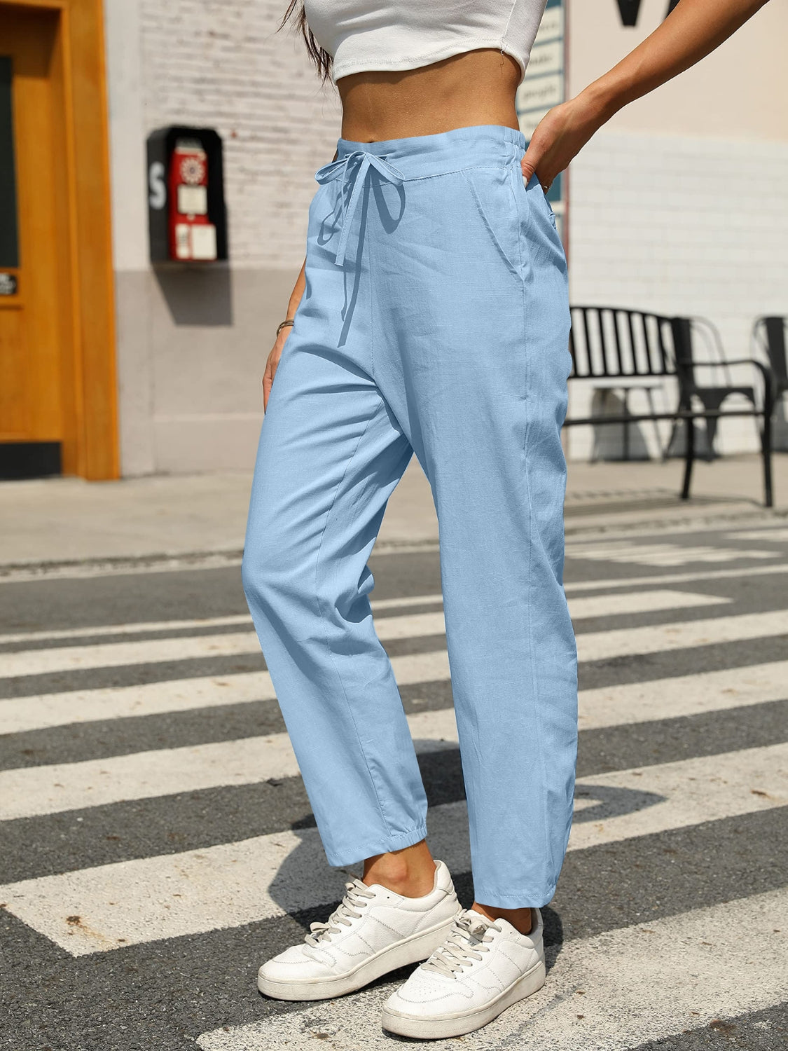 Elastic waist tapered pants, opaque.