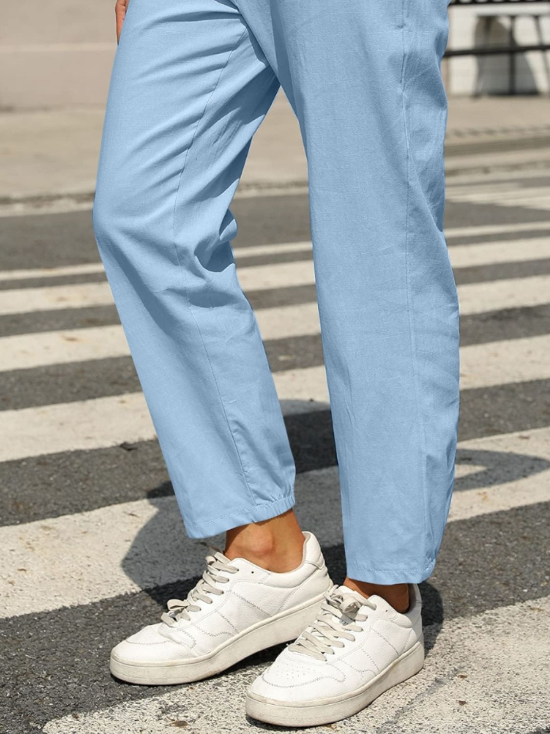 Elastic waist tapered pants, opaque.
