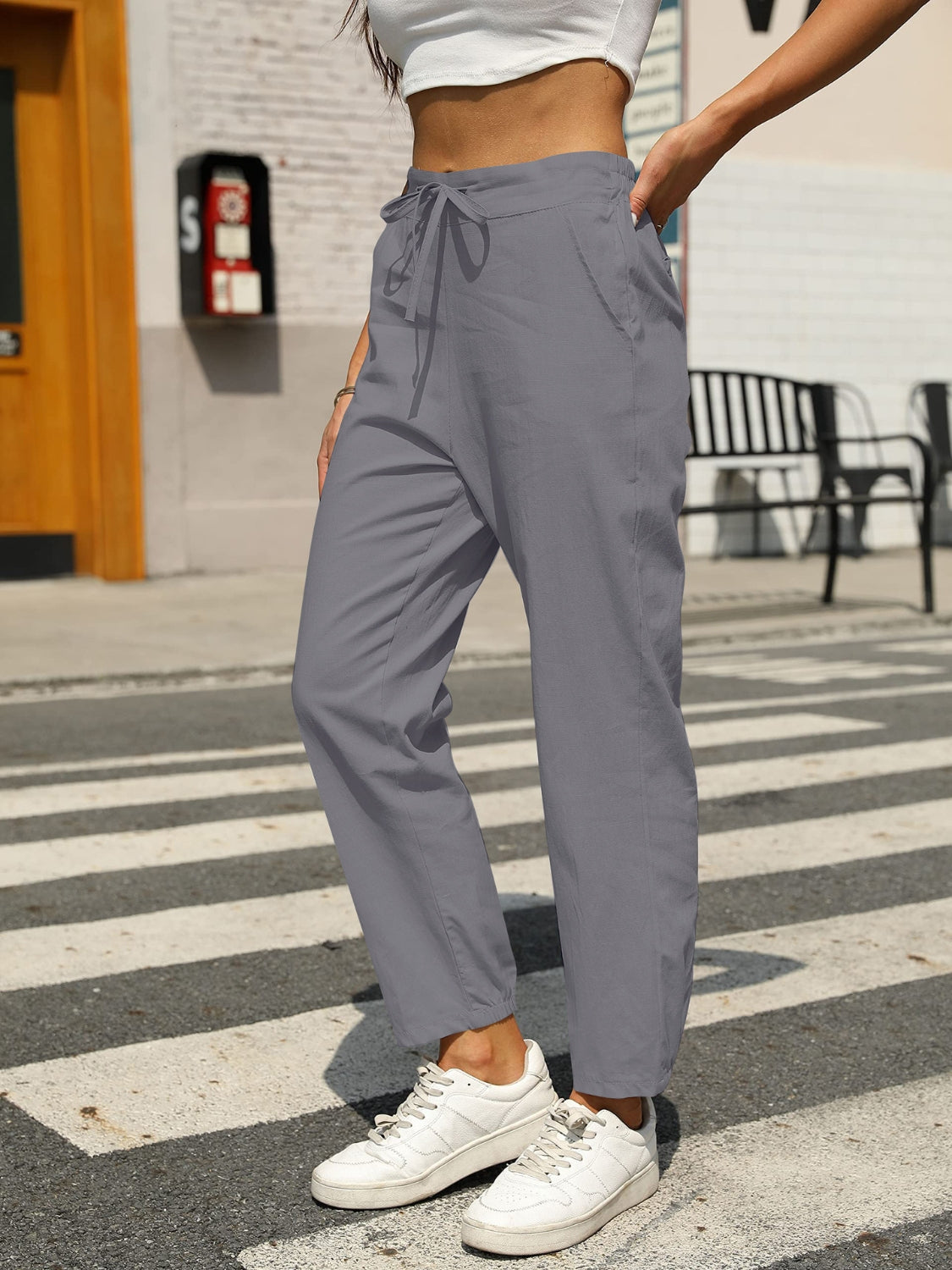 Elastic waist tapered pants, opaque.