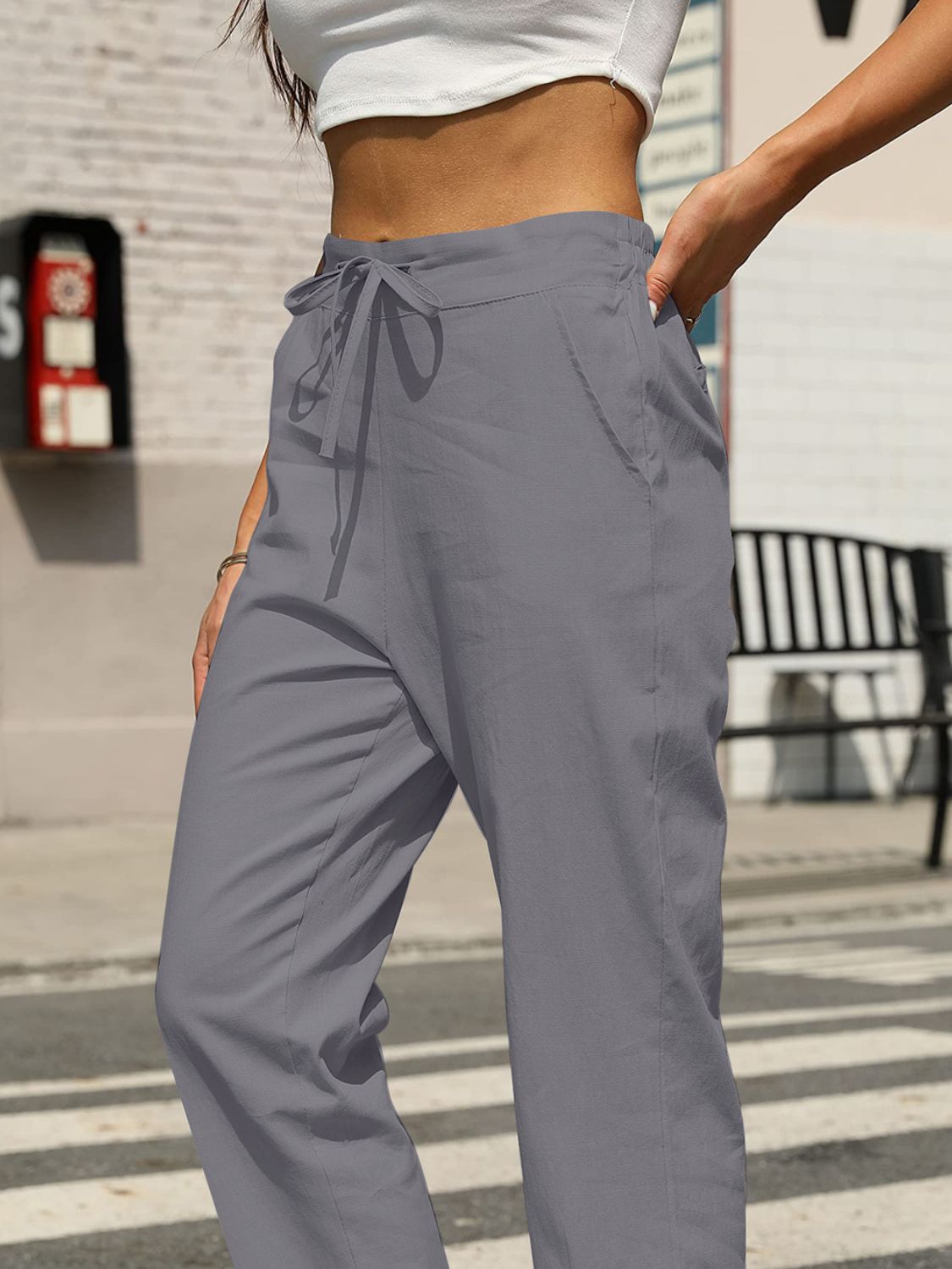 Elastic waist tapered pants, opaque.