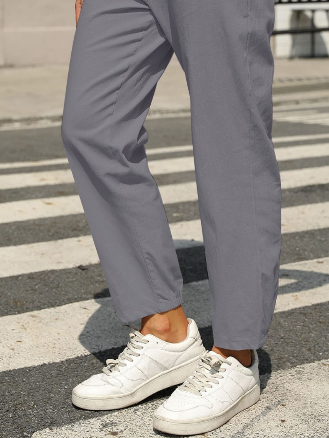 Elastic waist tapered pants, opaque.
