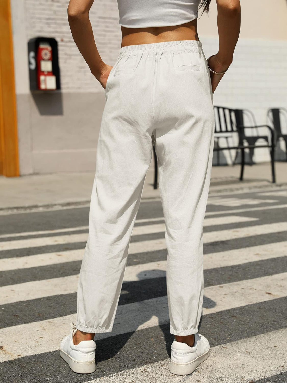 Elastic waist tapered pants, opaque.
