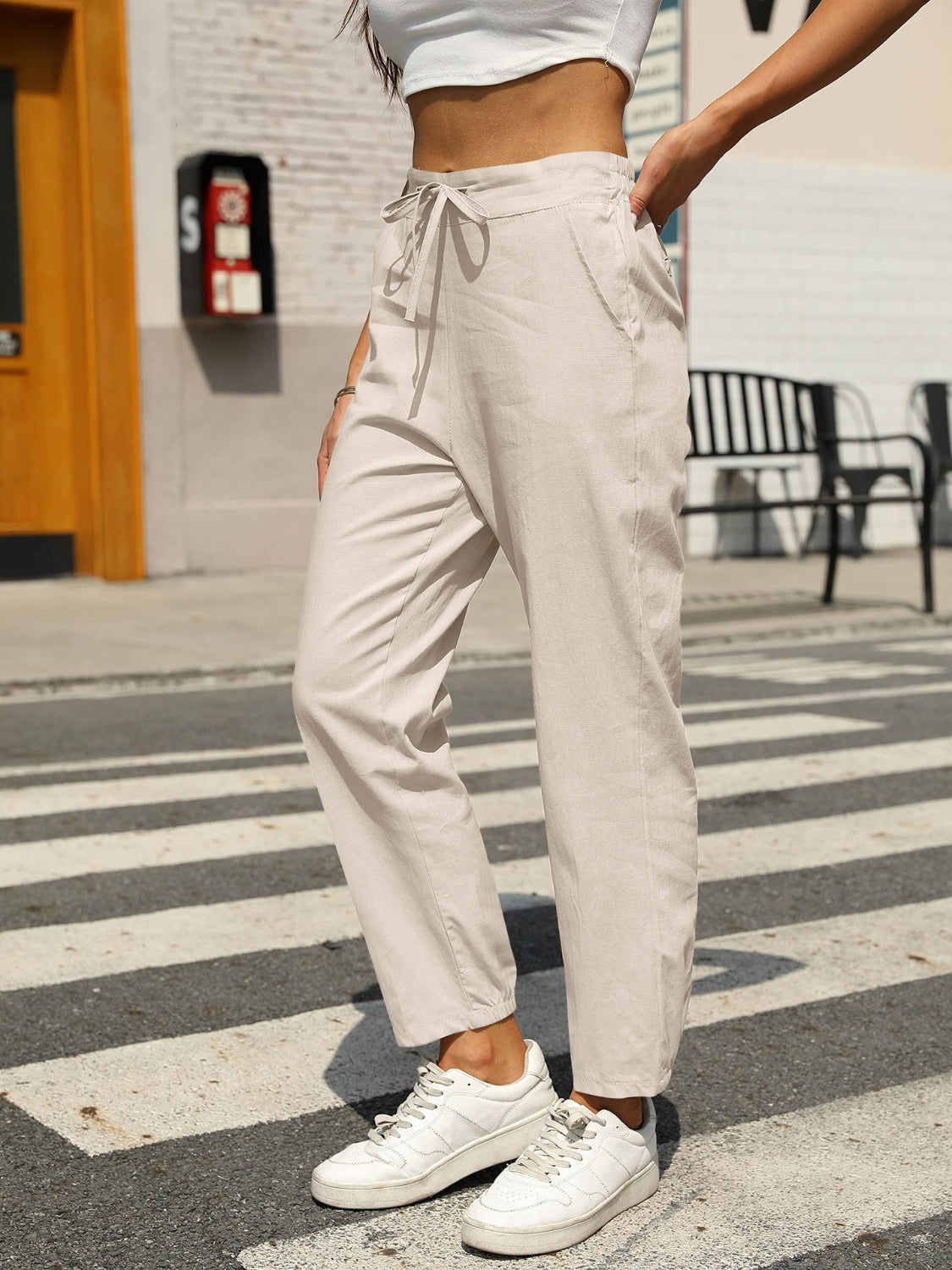 Elastic waist tapered pants, opaque.