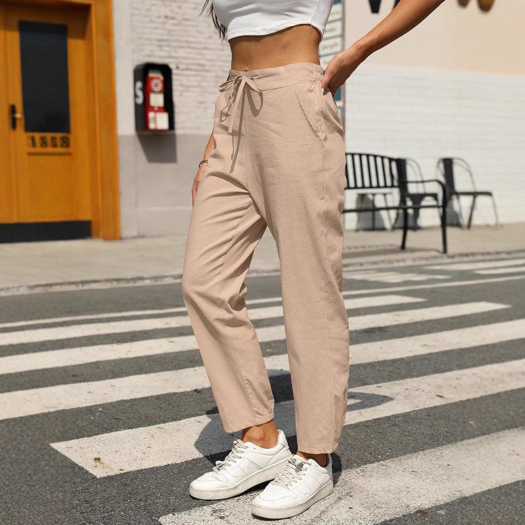 Elastic waist tapered pants, opaque.