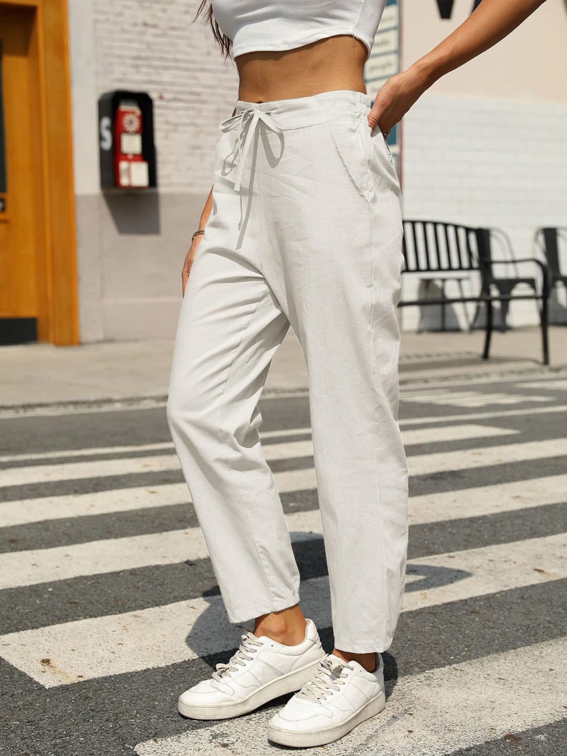 Elastic waist tapered pants, opaque.