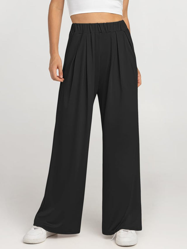 Elastic waist wide leg pants, opaque.