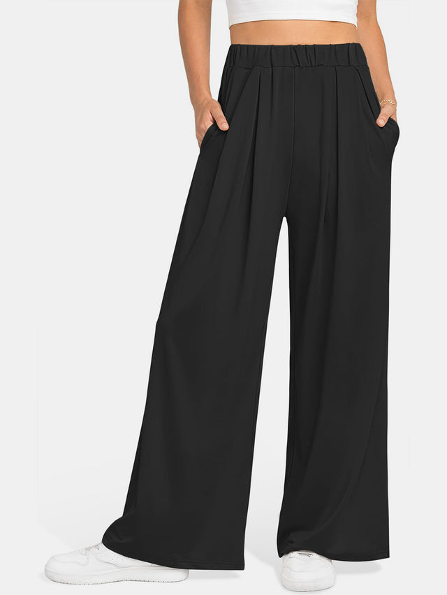 Elastic waist wide leg pants, opaque.