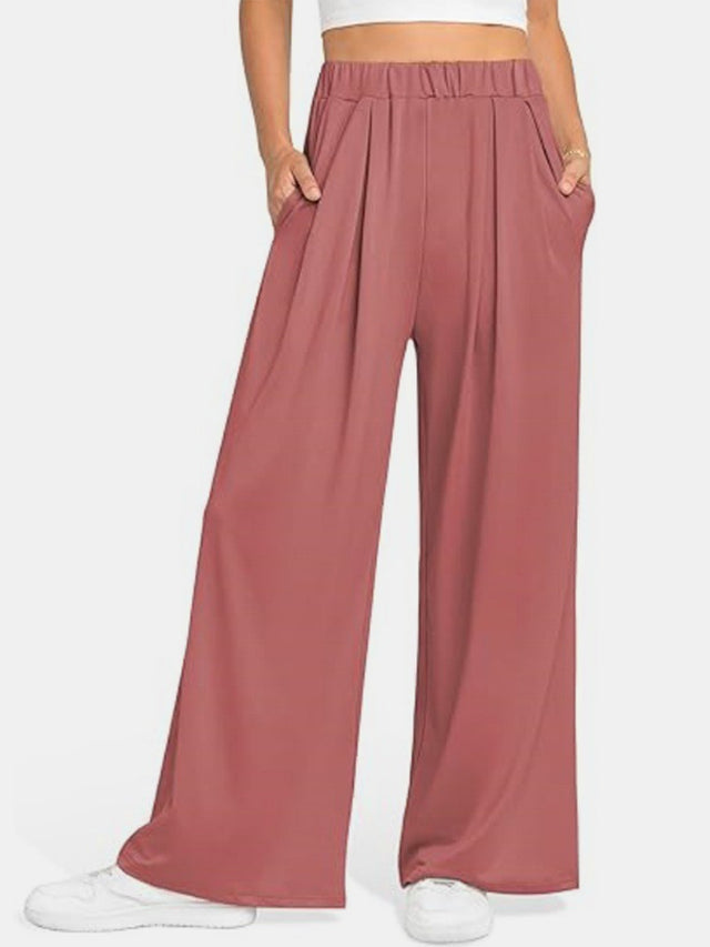 Elastic waist wide leg pants, opaque.