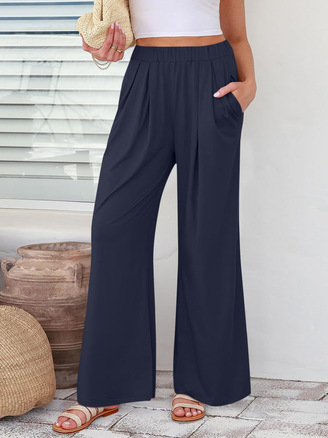 Elastic waist wide leg pants, opaque.