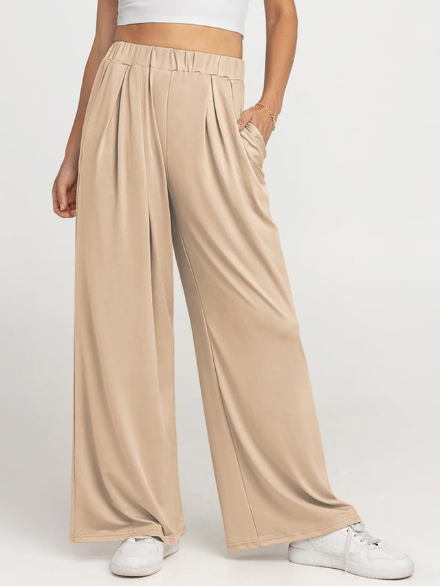 Elastic waist wide leg pants, opaque.