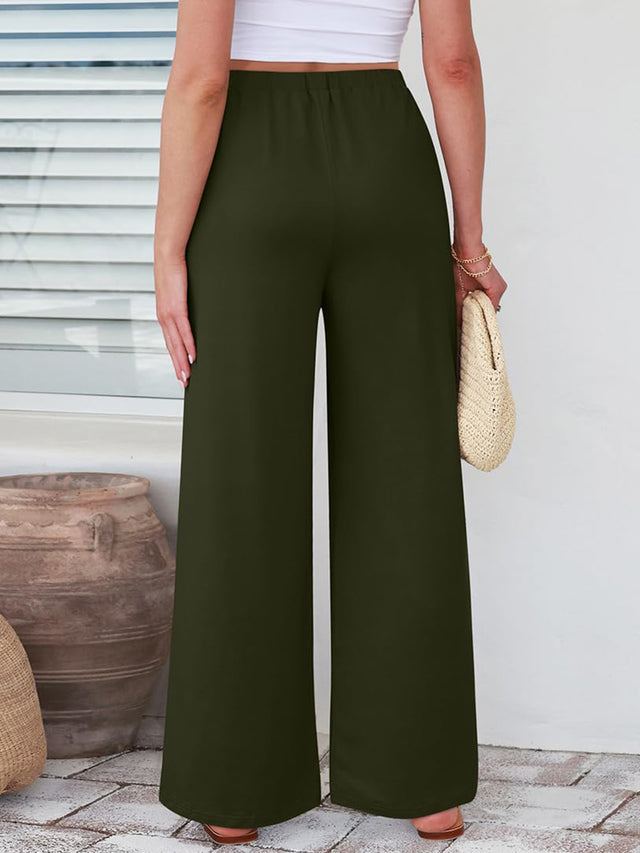 Elastic waist wide leg pants, opaque.