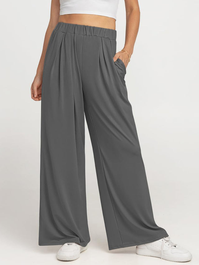 Elastic waist wide leg pants, opaque.