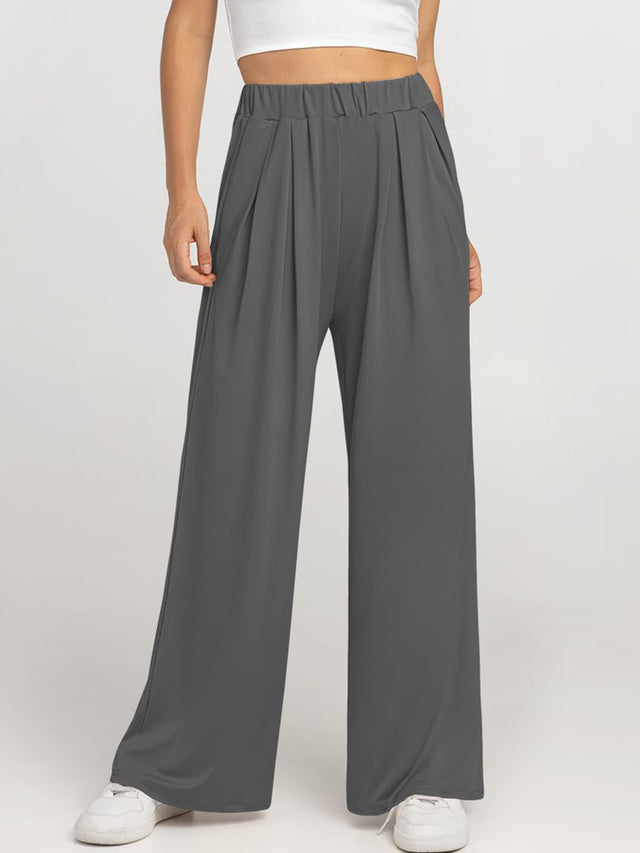 Elastic waist wide leg pants, opaque.