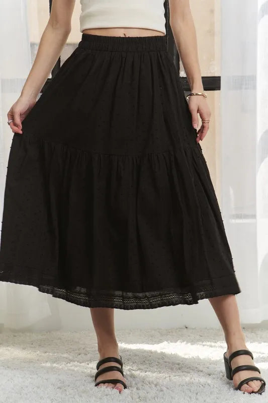 Adora Elastic Waistband Tiered Midi Skirt.