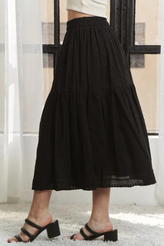 Adora Elastic Waistband Tiered Midi Skirt.