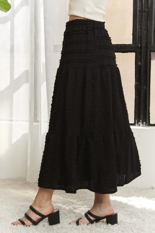 Adora Elastic Waistband Tiered Midi Skirt.