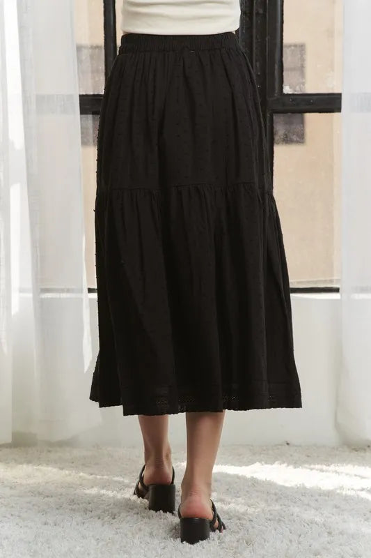 Adora Elastic Waistband Tiered Midi Skirt.