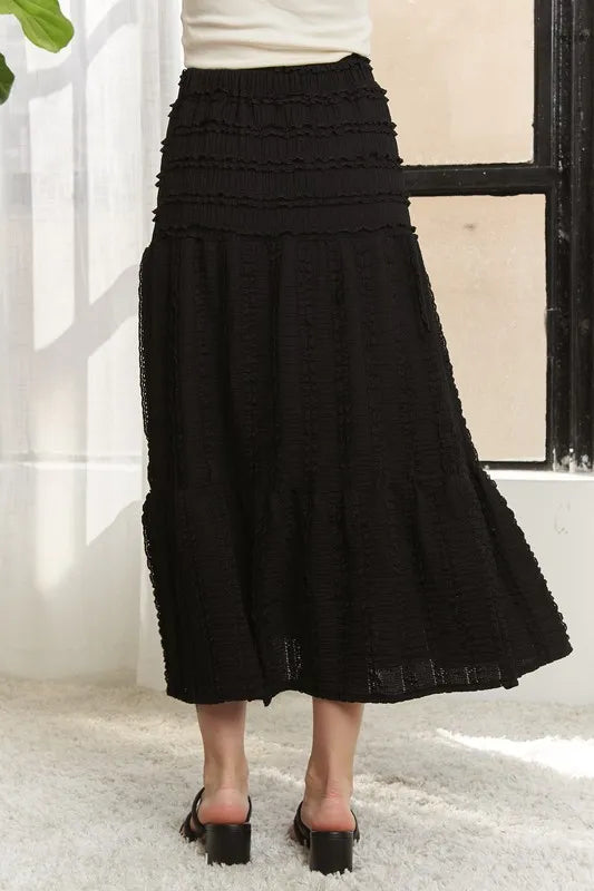 Adora Elastic Waistband Tiered Midi Skirt.