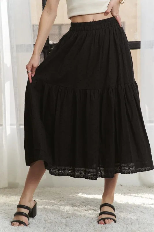 Adora Elastic Waistband Tiered Midi Skirt.