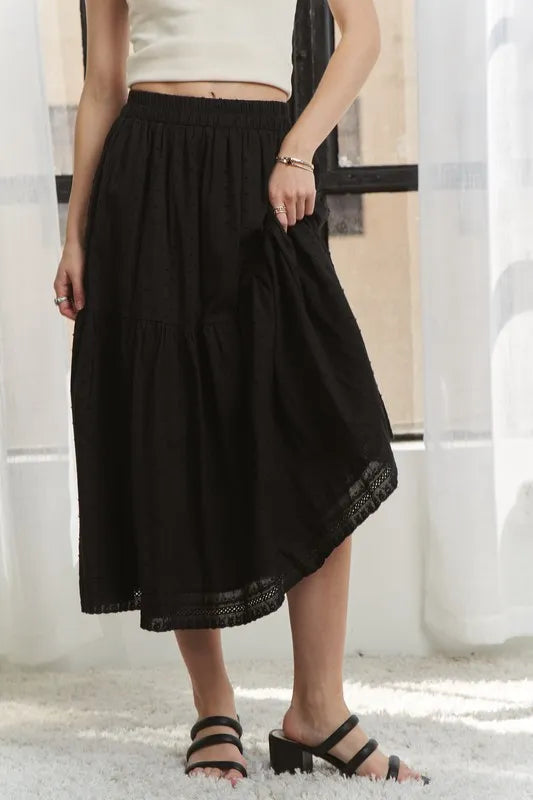 Adora Elastic Waistband Tiered Midi Skirt.