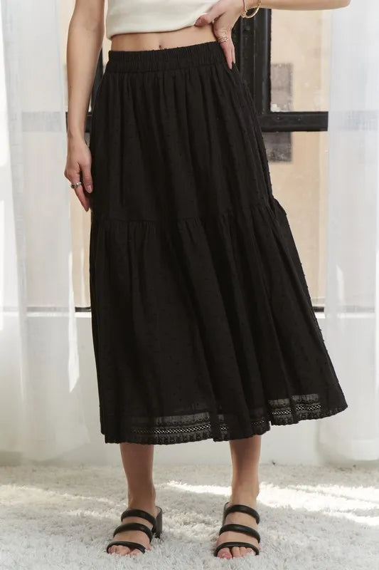 Adora Elastic Waistband Tiered Midi Skirt.