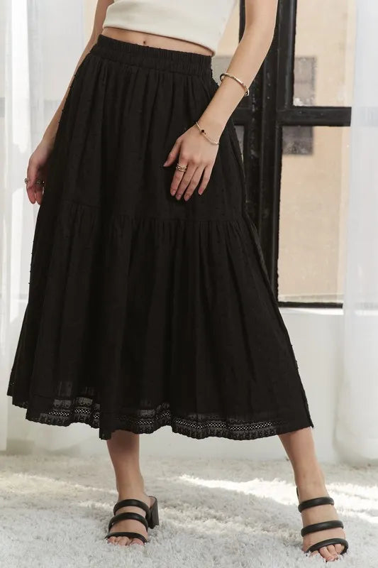 Adora Elastic Waistband Tiered Midi Skirt.