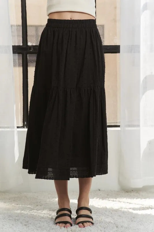 Adora Elastic Waistband Tiered Midi Skirt.