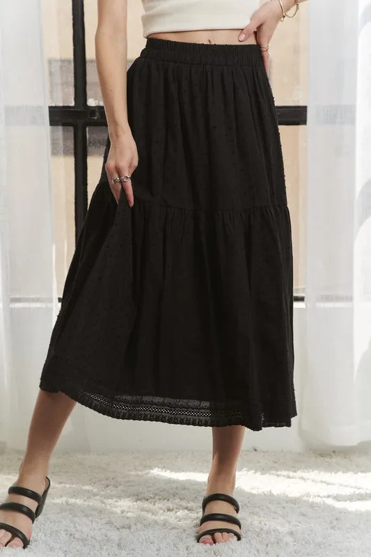 Adora Elastic Waistband Tiered Midi Skirt.