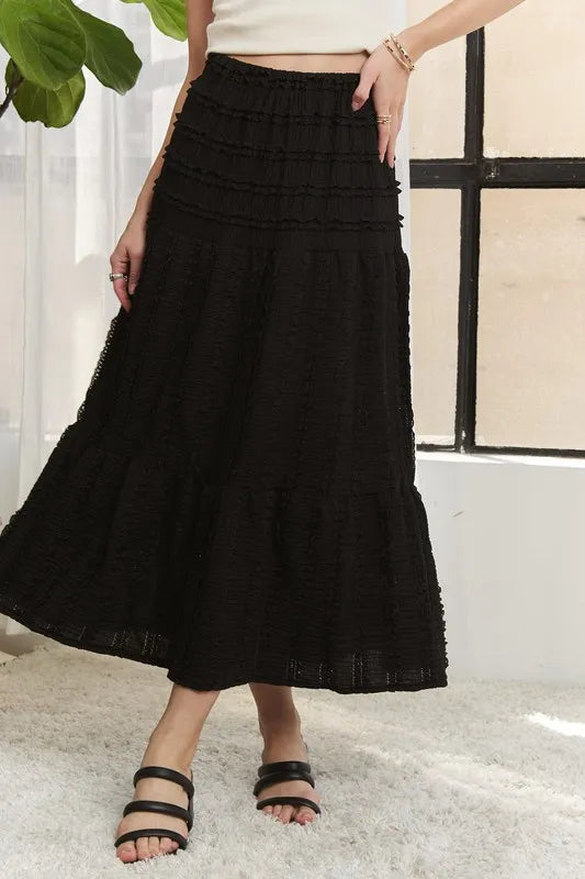 Adora Elastic Waistband Tiered Midi Skirt.