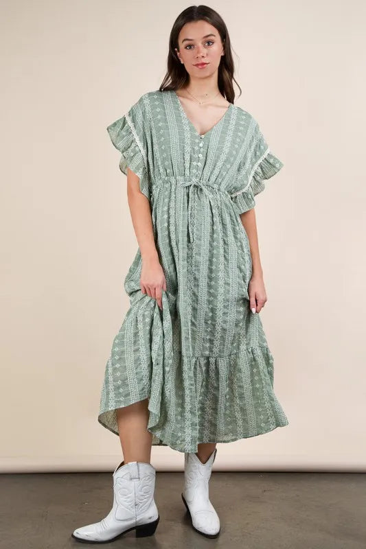 Very J Embroidered Boho Ruffled Midi Dress.