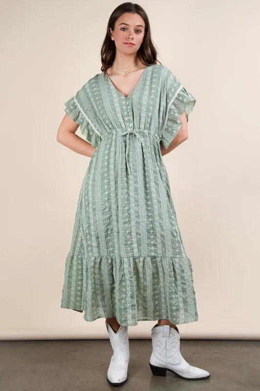 Very J Embroidered Boho Ruffled Midi Dress.