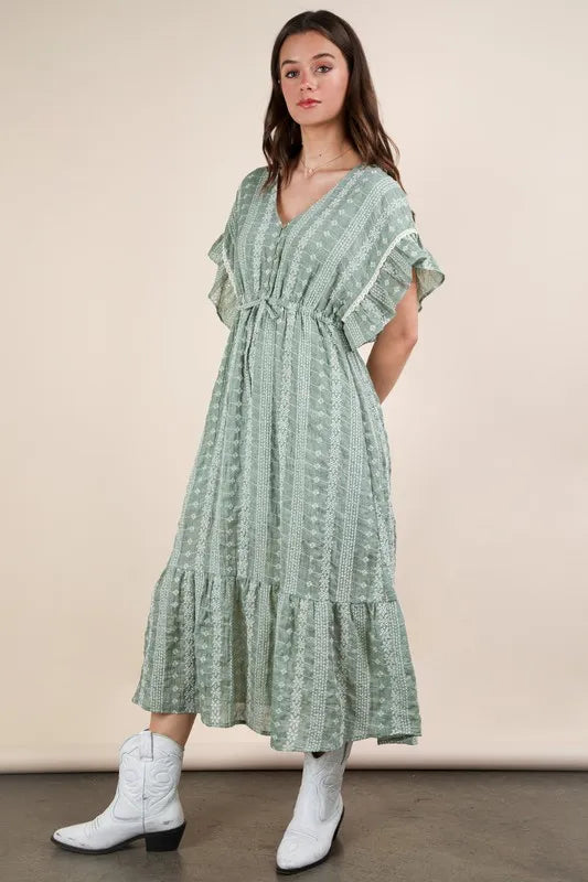 Very J Embroidered Boho Ruffled Midi Dress.