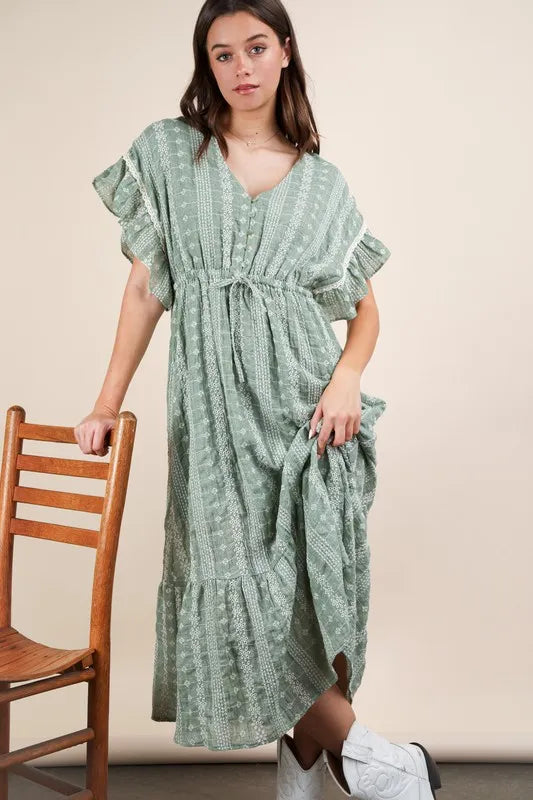 Very J Embroidered Boho Ruffled Midi Dress.