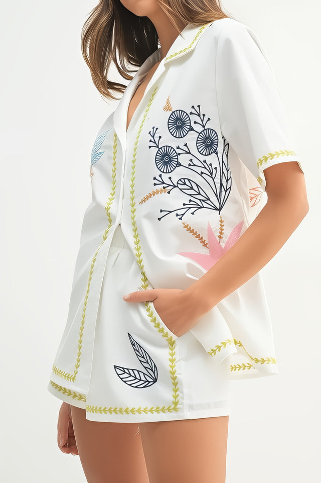 Women's embroidered button-down shirt and shorts matching set with pockets