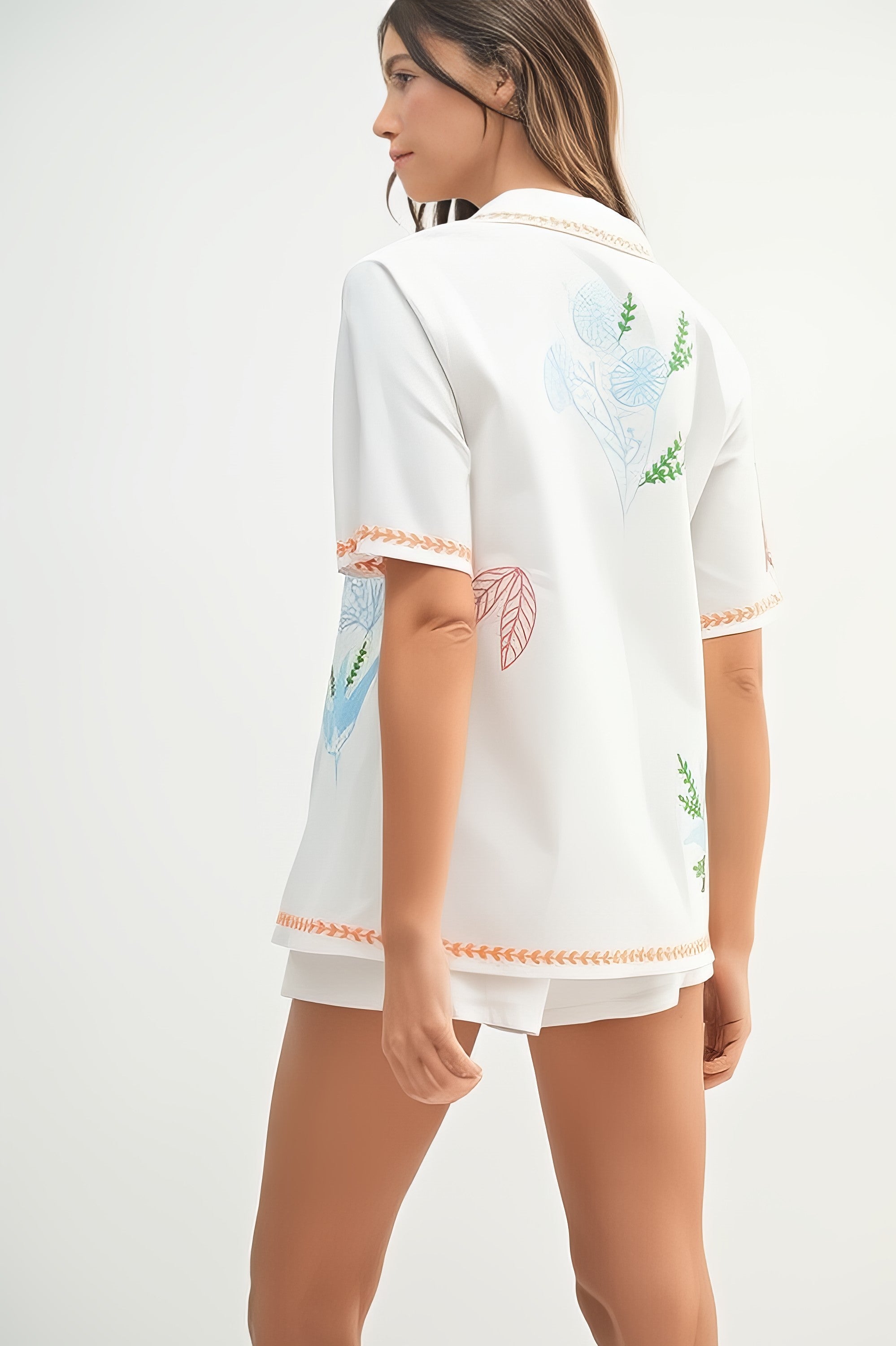 Women's embroidered button-down shirt and shorts matching set with pockets