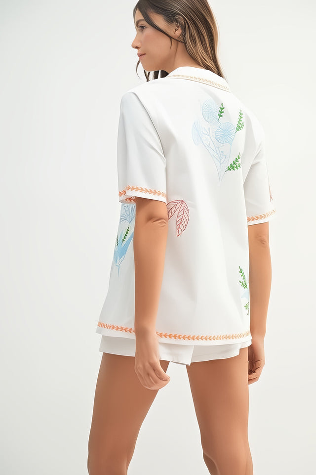 Women's embroidered button-down shirt and shorts matching set with pockets