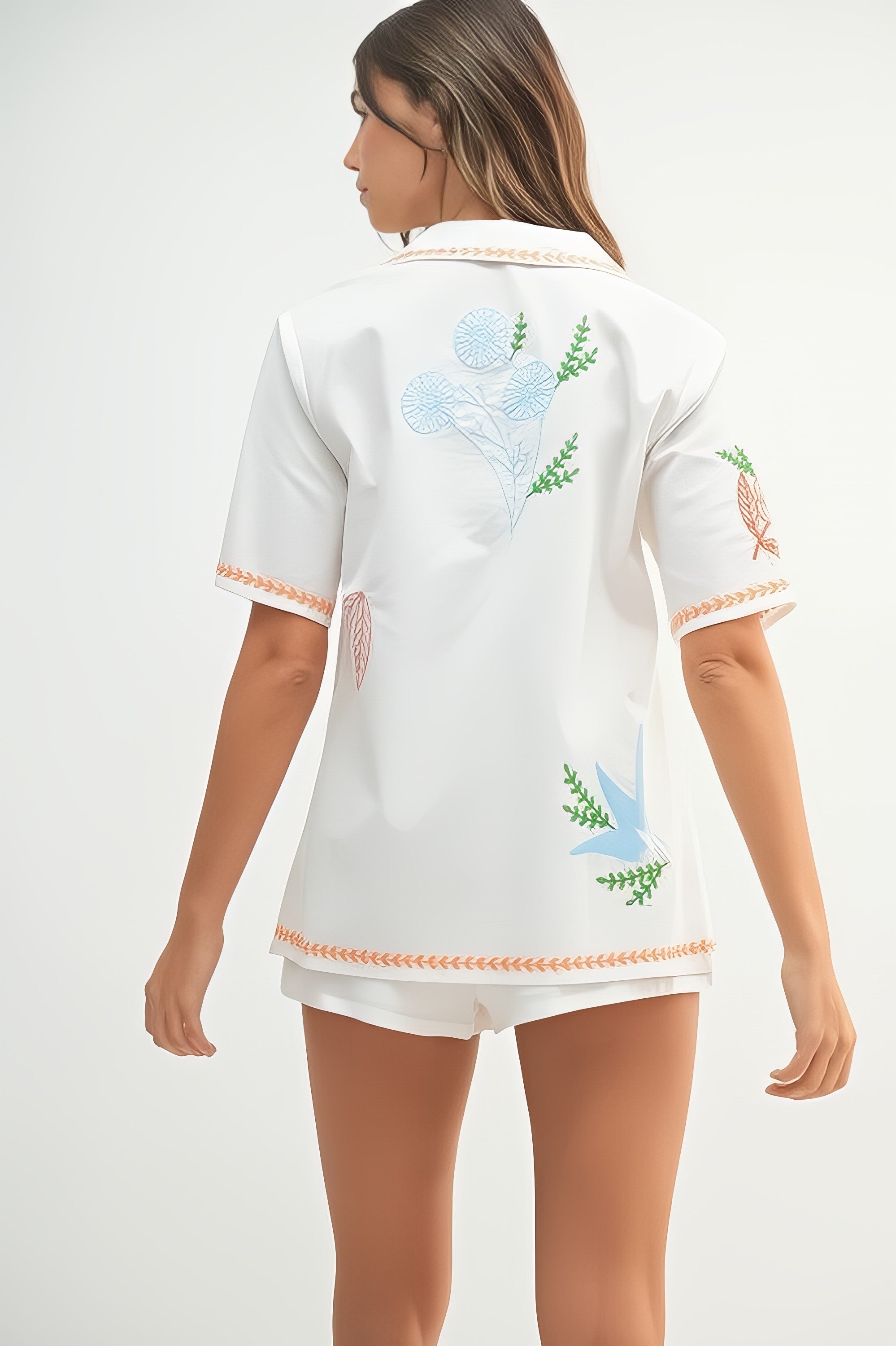 Women's embroidered button-down shirt and shorts matching set with pockets