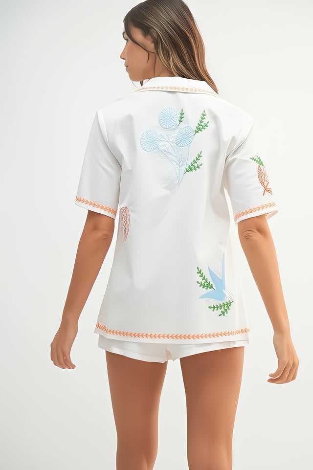 Women's embroidered button-down shirt and shorts matching set with pockets