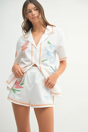 Women's embroidered button-down shirt and shorts matching set with pockets