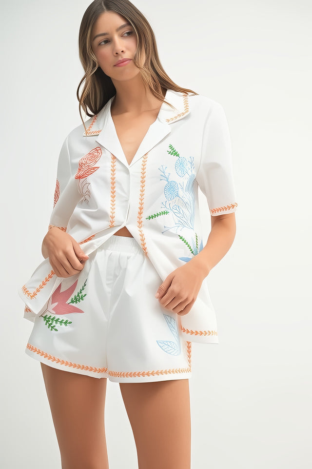 Women's embroidered button-down shirt and shorts matching set with pockets